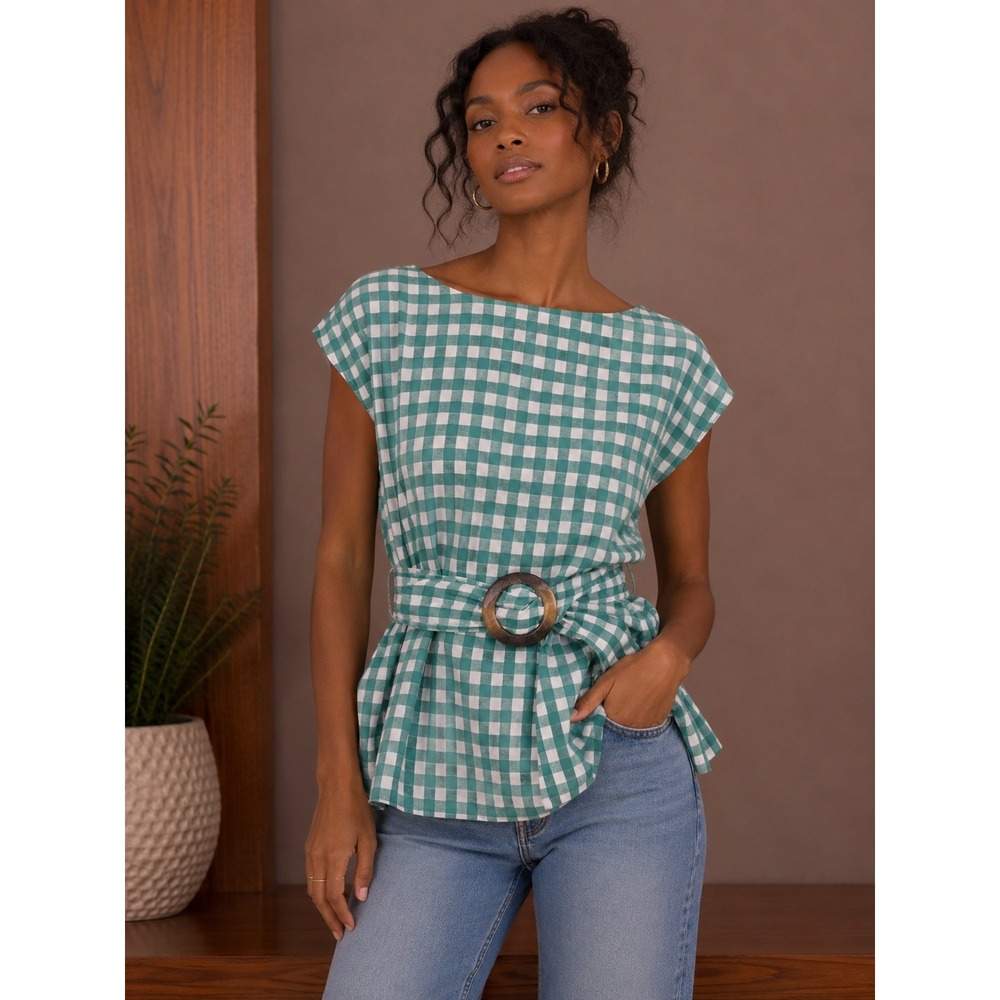 Maeve Anthropologie Green Gingham Belted Peplum Top Boat Neck Cap Sleeve Size 12